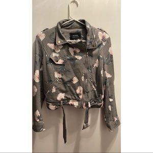 🌸✨Gray Floral Cropped Biker Jacket